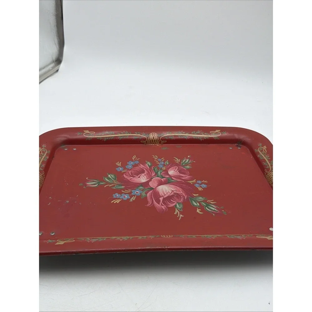 Vintage TV Bed Lap Tray MCM Tole Painted Red Floral Folding Cottage Core